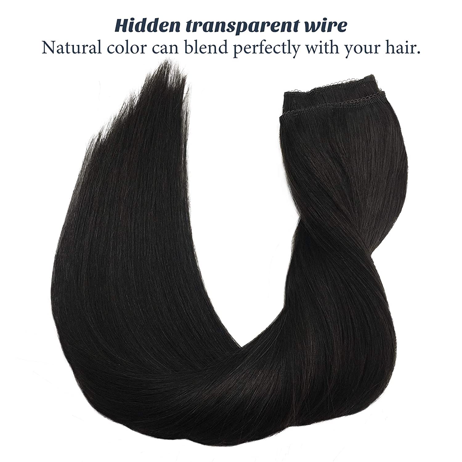 Haloo Hair Extensions Human Hair Natural Black 18 Inch 80g Real Wire Hair Extensions Flip in Straight Invisible Hidden Crown Hair Extensions with Transparent Fish Line Hairpiece