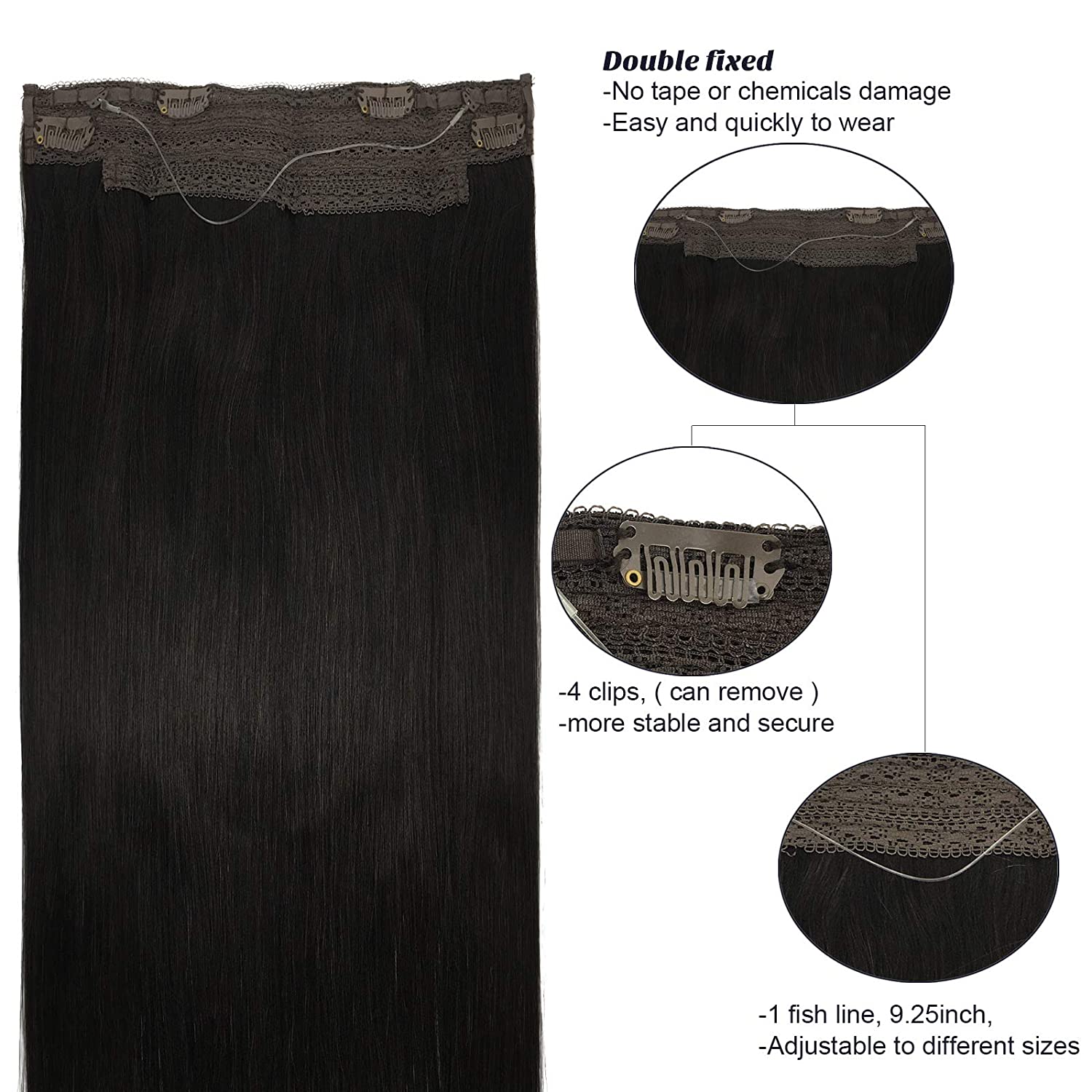 Haloo Hair Extensions Human Hair Natural Black 18 Inch 80g Real Wire Hair Extensions Flip in Straight Invisible Hidden Crown Hair Extensions with Transparent Fish Line Hairpiece