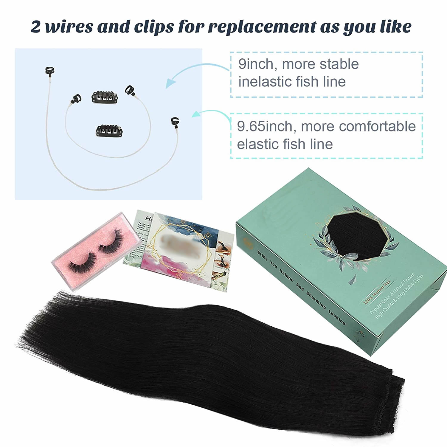 Haloo Hair Extensions Human Hair Natural Black 18 Inch 80g Real Wire Hair Extensions Flip in Straight Invisible Hidden Crown Hair Extensions with Transparent Fish Line Hairpiece