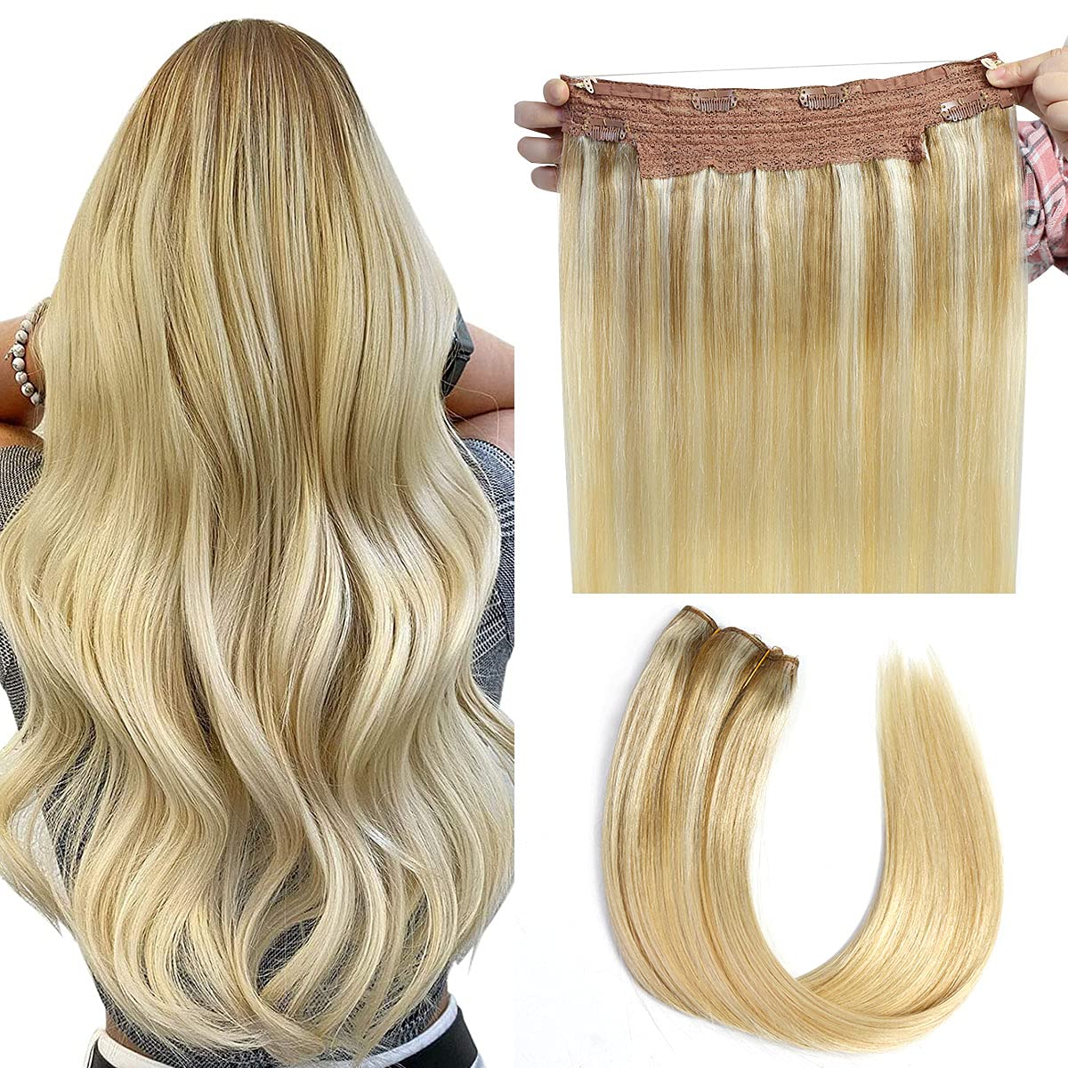 Haloo Hair Extensions Real Human Hair Ash Blonde to Golden 12 inch 2.45 OZ Hairpieces for Women Invisible Wire Fish Line Hair Extensions Straight Human Filp Hair Extensions