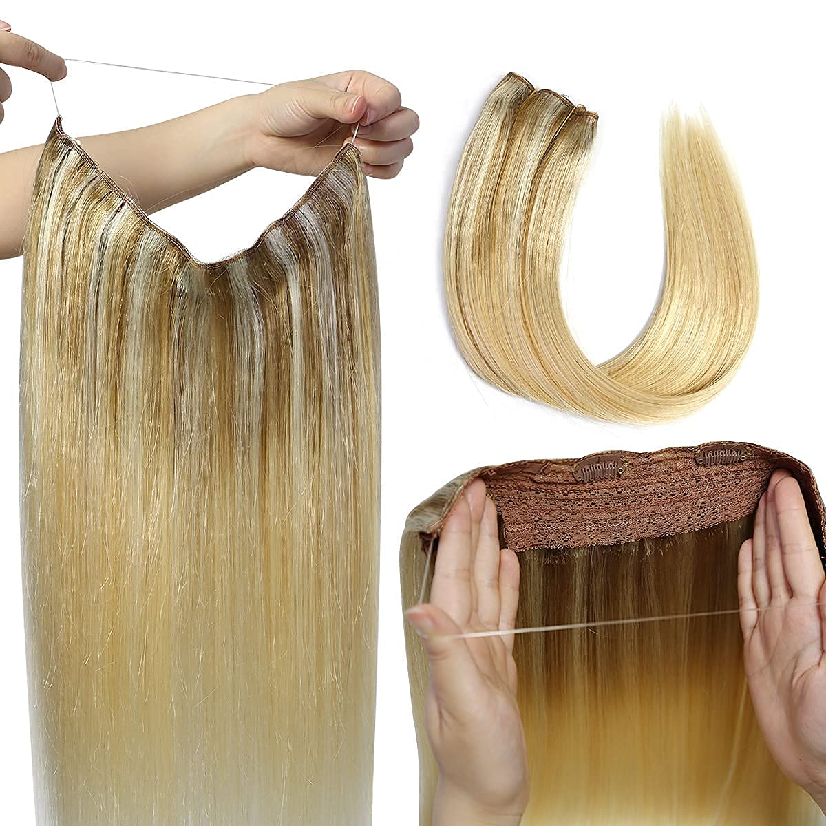 Haloo Hair Extensions Real Human Hair Ash Blonde to Golden 12 inch 2.45 OZ Hairpieces for Women Invisible Wire Fish Line Hair Extensions Straight Human Filp Hair Extensions