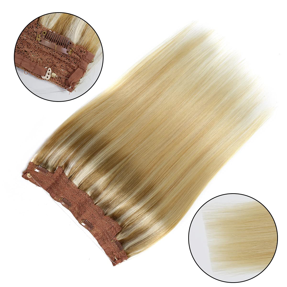 Haloo Hair Extensions Real Human Hair Ash Blonde to Golden 12 inch 2.45 OZ Hairpieces for Women Invisible Wire Fish Line Hair Extensions Straight Human Filp Hair Extensions