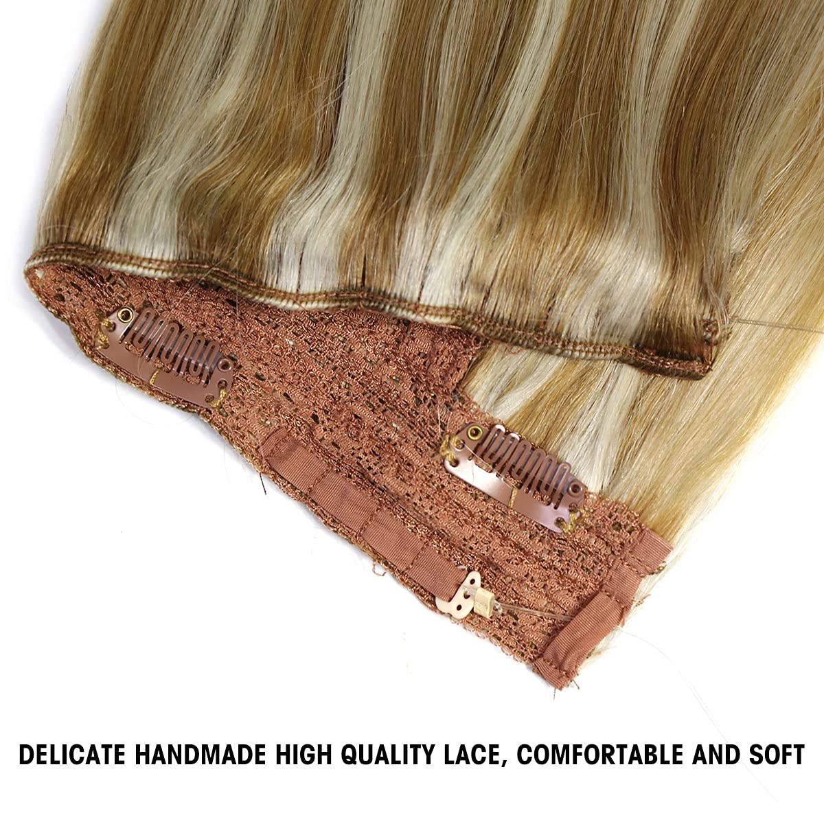 Haloo Hair Extensions Real Human Hair Ash Blonde to Golden 12 inch 2.45 OZ Hairpieces for Women Invisible Wire Fish Line Hair Extensions Straight Human Filp Hair Extensions