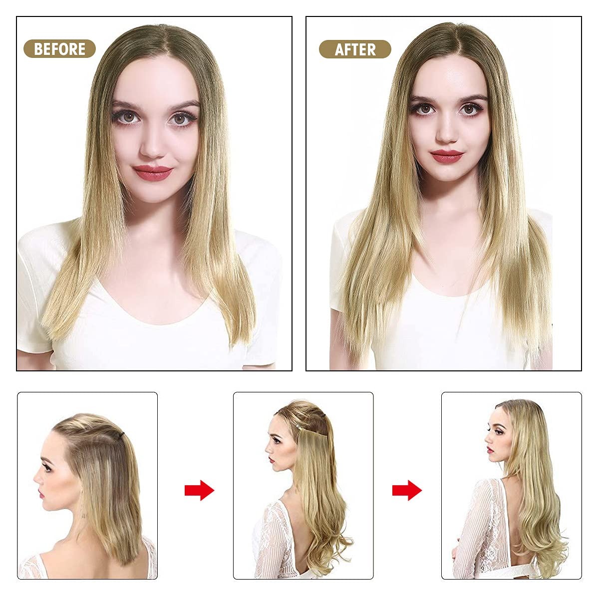 Haloo Hair Extensions Real Human Hair Ash Blonde to Golden 12 inch 2.45 OZ Hairpieces for Women Invisible Wire Fish Line Hair Extensions Straight Human Filp Hair Extensions