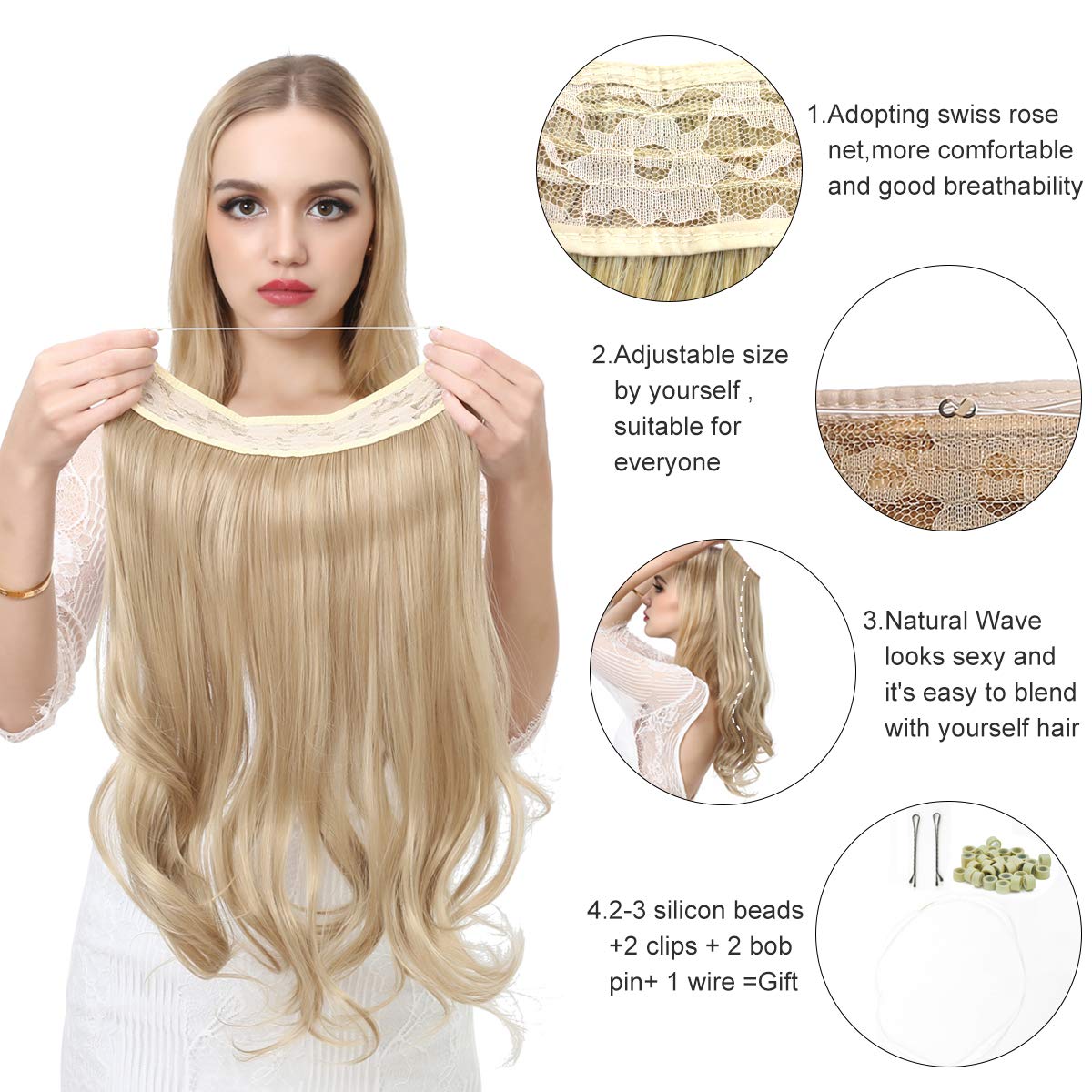 Haloo Hair Extensions Dirty Blonde Long Wavy Curly Synthetic Hairpieces Highlight Invisible Wire Headband Adjustable for Women Heat Friendly Fiber No Clip 16 Inch 3.9 Oz (M03&16H613)