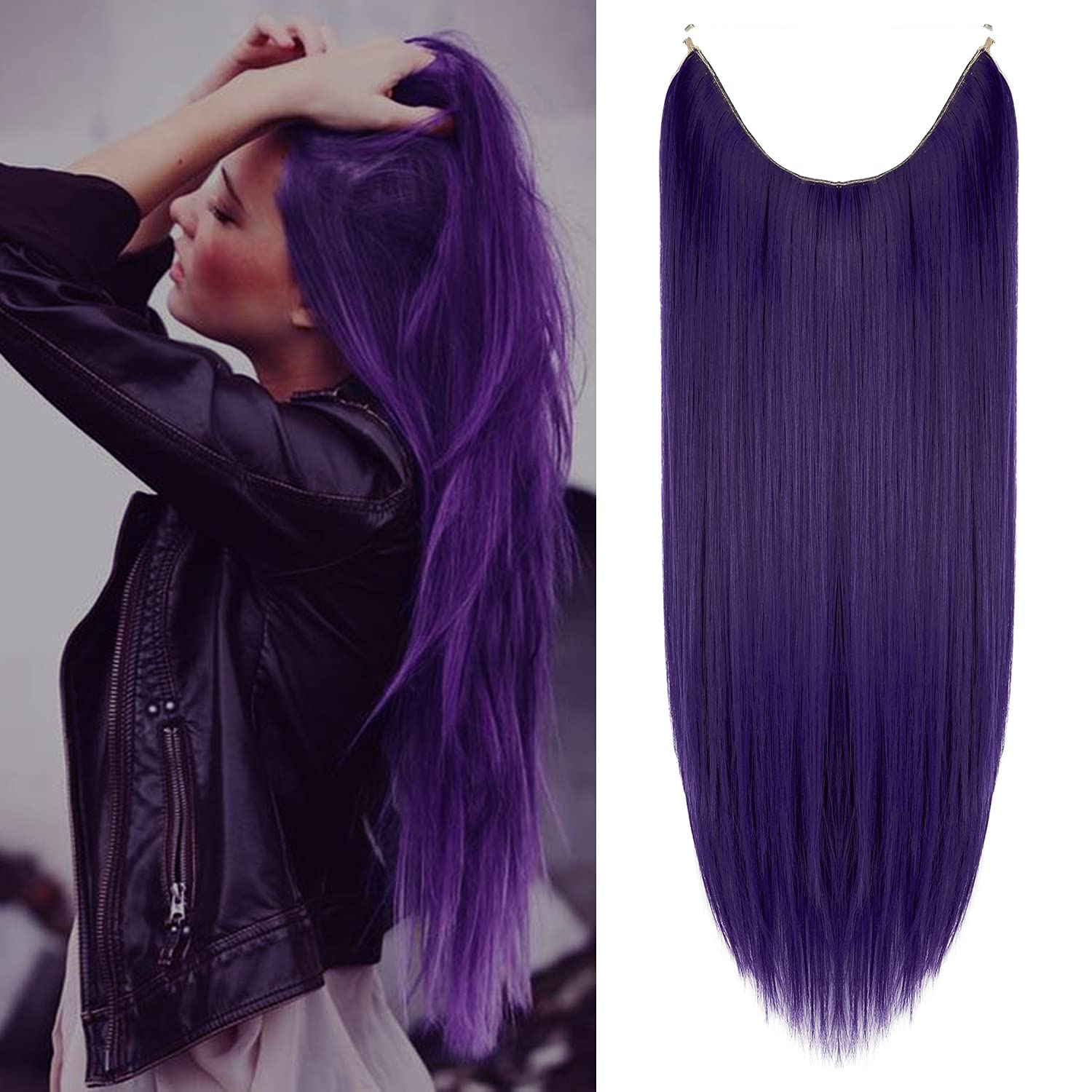 Haloo Deep Purple Hair Extensions 22 Inch 4.2 Oz Invisible Secret Wire Crown Hair Extensions One Piece Long Straight Hair Piece Synthetic Hairpieces for Women No Clip