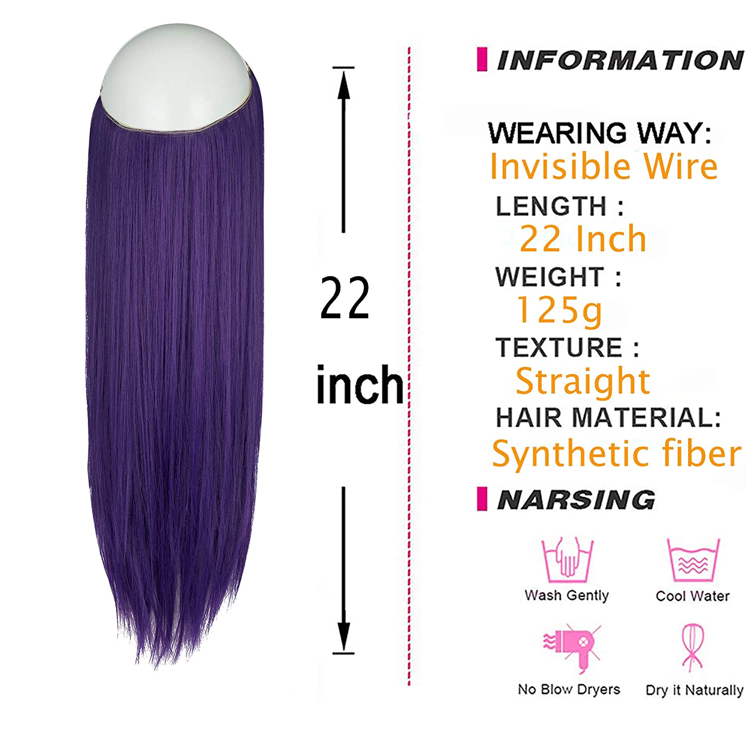 Haloo Deep Purple Hair Extensions 22 Inch 4.2 Oz Invisible Secret Wire Crown Hair Extensions One Piece Long Straight Hair Piece Synthetic Hairpieces for Women No Clip