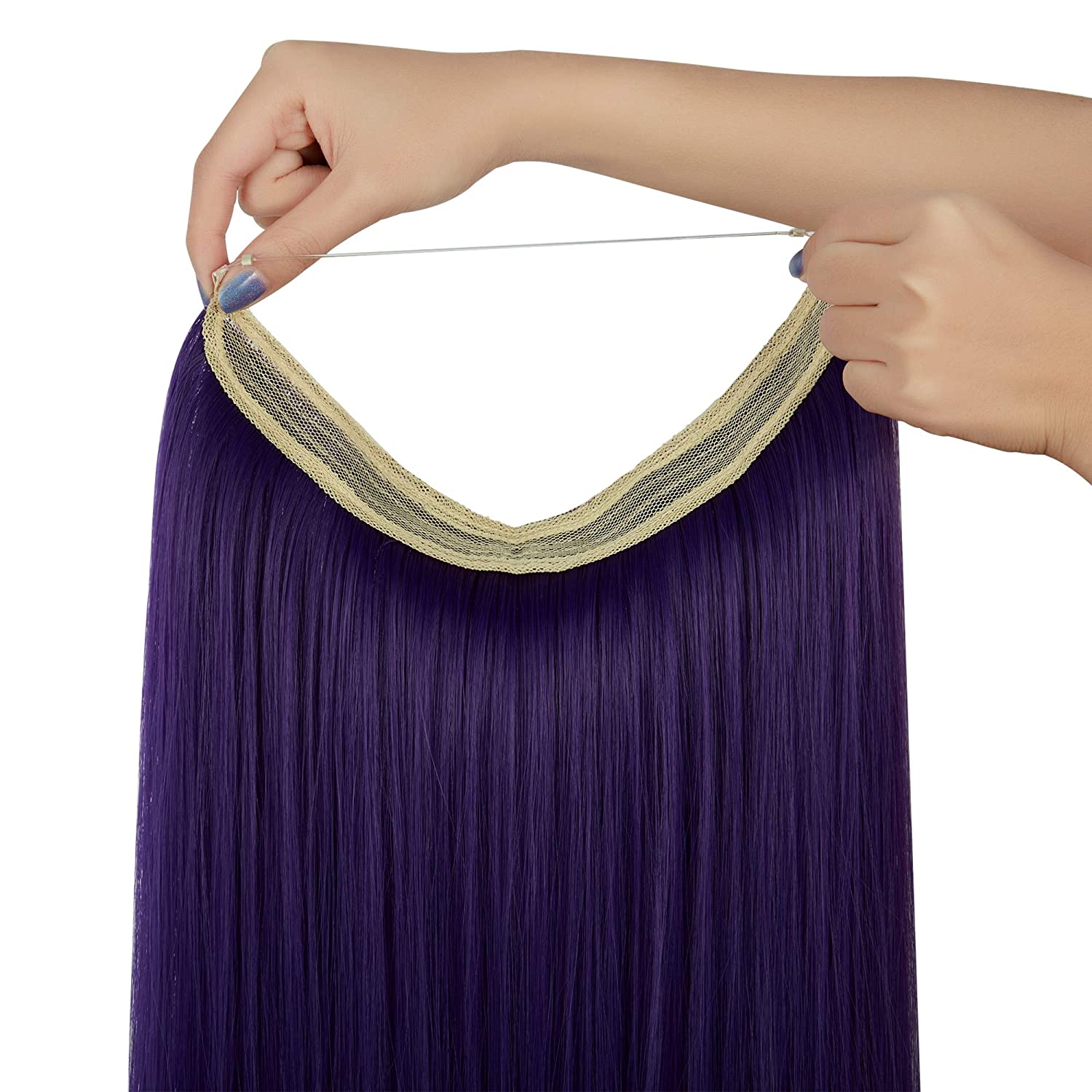 Haloo Deep Purple Hair Extensions 22 Inch 4.2 Oz Invisible Secret Wire Crown Hair Extensions One Piece Long Straight Hair Piece Synthetic Hairpieces for Women No Clip