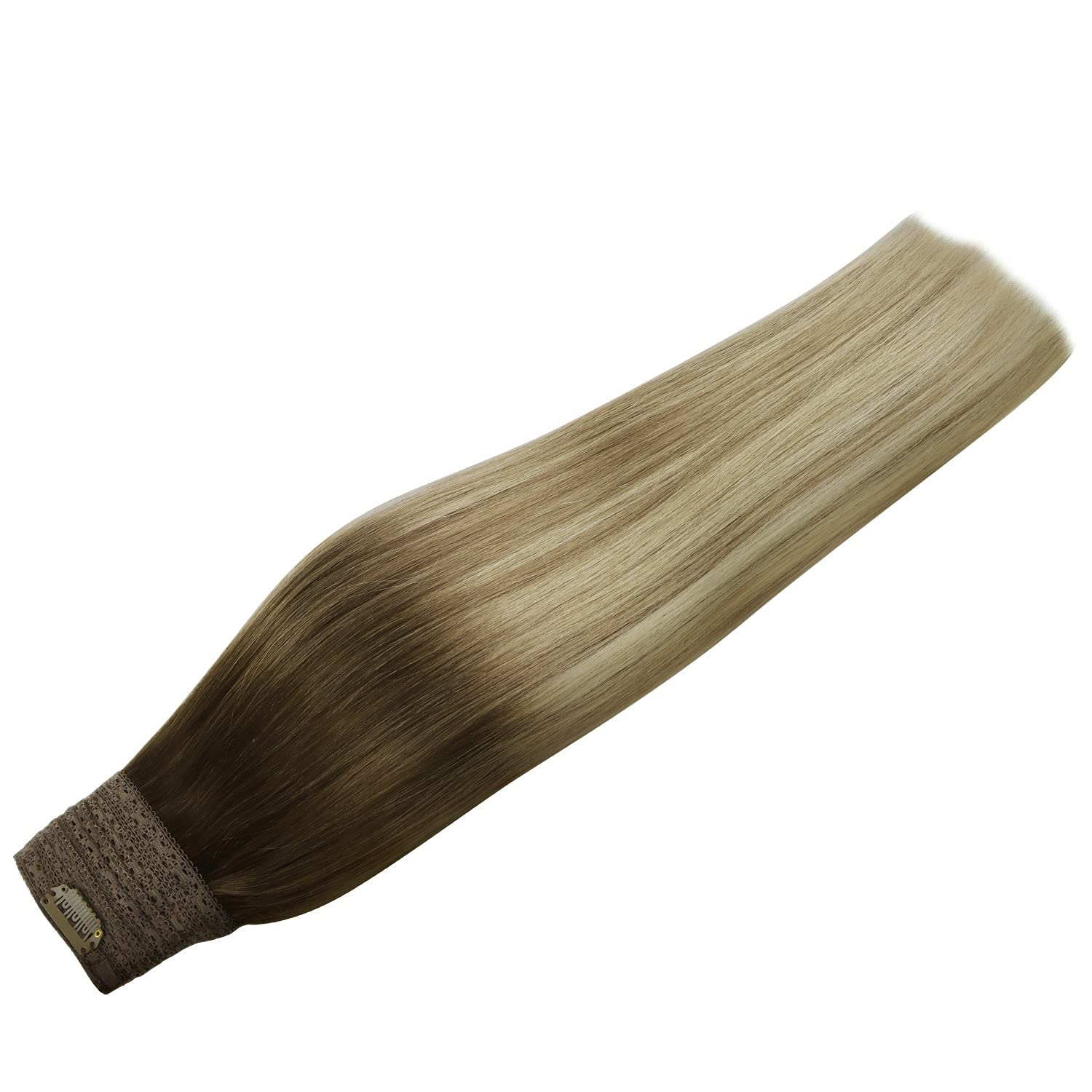 Haloo Hair Extensions, Fish Line Human Hair Extensions, Flip in Remy Hair Extensions, Walnut Brown to Ash Brown and Bleach Blonde Secret Hair Extension, Straight Hidden Wire Hair Extensions, 12 inch
